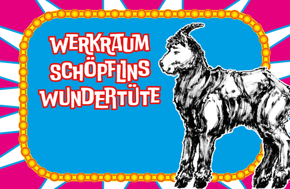 Schwarz-weiß-Zeichnung einer Geiß auf blau-rotem Hintergrund mit Schriftzug Werkraums Schöpflins Wundertüte