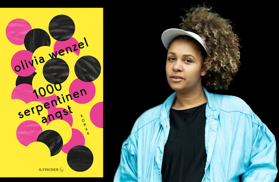 Autorinnenfoto von Olivia Wenzel mit Buchcover 1000 Serpentinen Angst