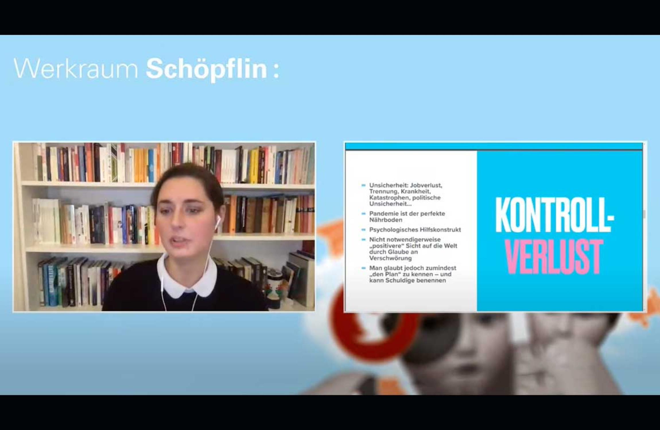 Screenshot Live Stream mit Autorin Katharina Nocun | Splitscreen mit Katharina Nocun vor eine Bücherregal und einer Folie aus ihrer Präsentation