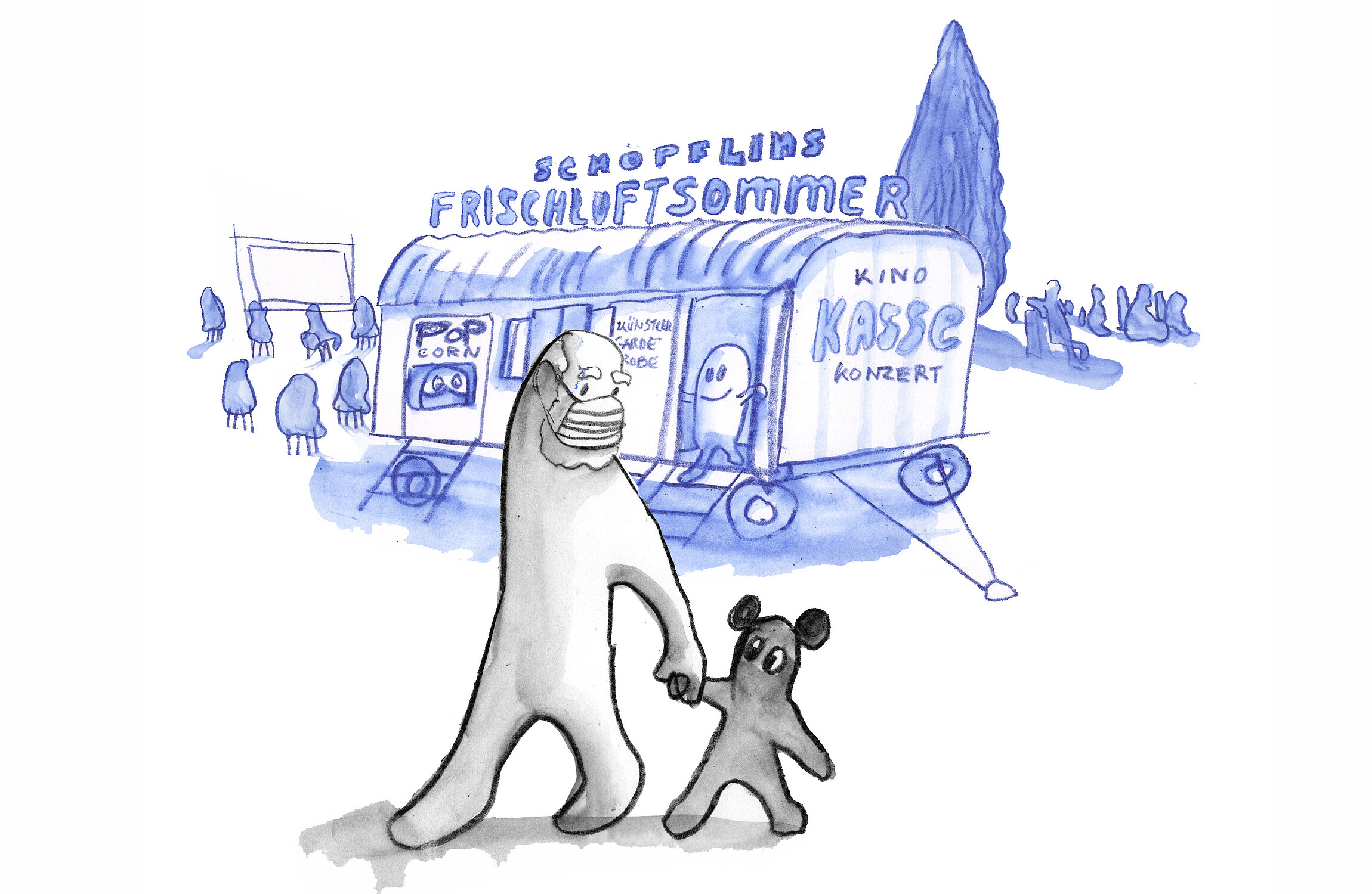 Illustration zu Schöpflins Frischluftsommer gezeichnete Comicwesen stehen mit einem Mundschutz vor einem Bauwagen, im Hintergrund sitzen Comicwesen vor einer Kinoleinwand zwischen Bäumen