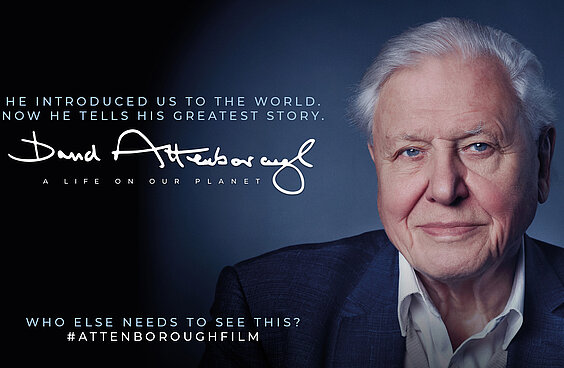 Porträtfoto Sir David Attenborough mit Unterschrift und Schriftzug Film A Life on Our Planet