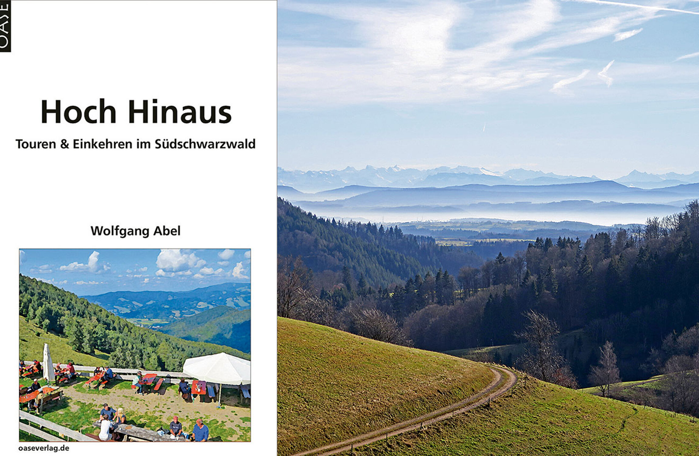 Collage Buchcover Hoch hinaus von Wolfgang Abel und Foto Panoramaaufnahme Schwarzwald mit Bergkette im Hintergrund